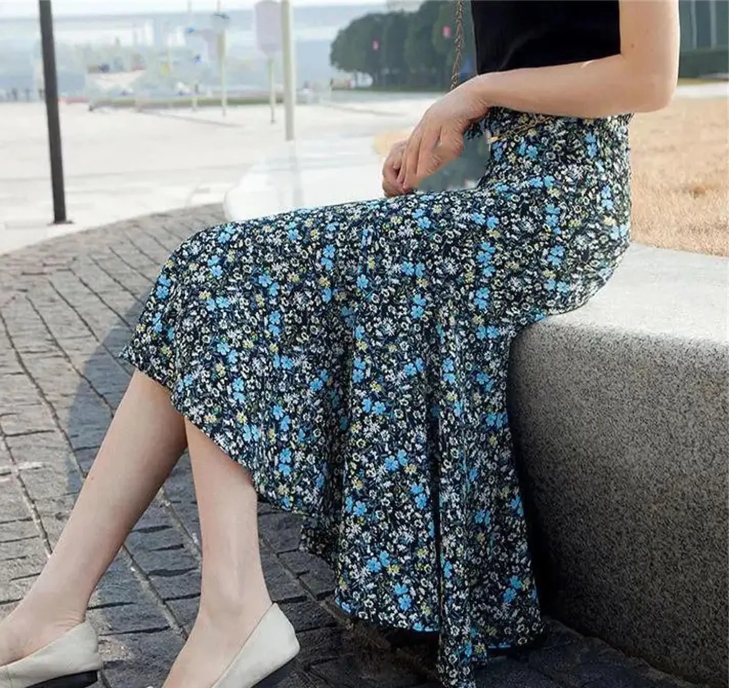 Women's Summer Floral Half-Length Skirt High Waist Slim Versatile A-Line Skirt