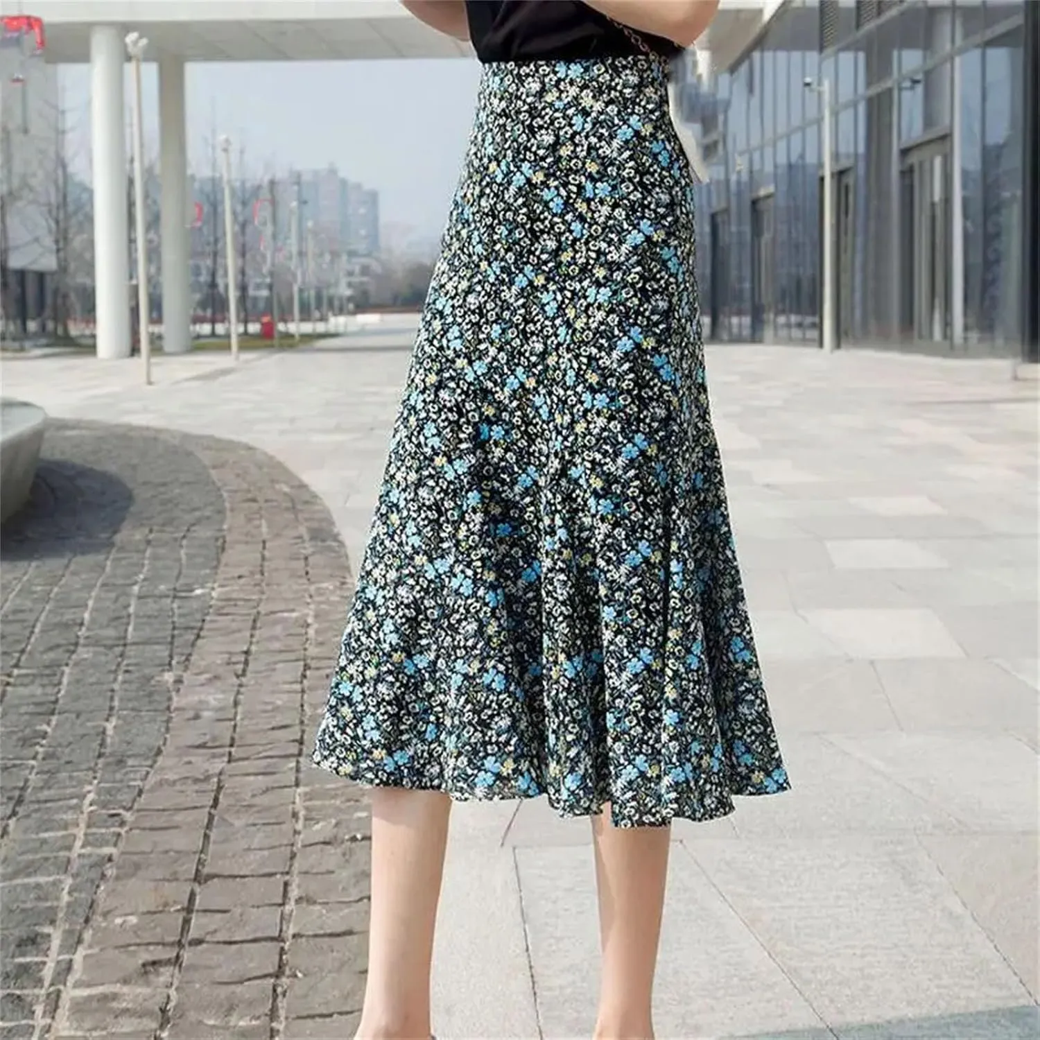 Women's Summer Floral Half-Length Skirt High Waist Slim Versatile A-Line Skirt