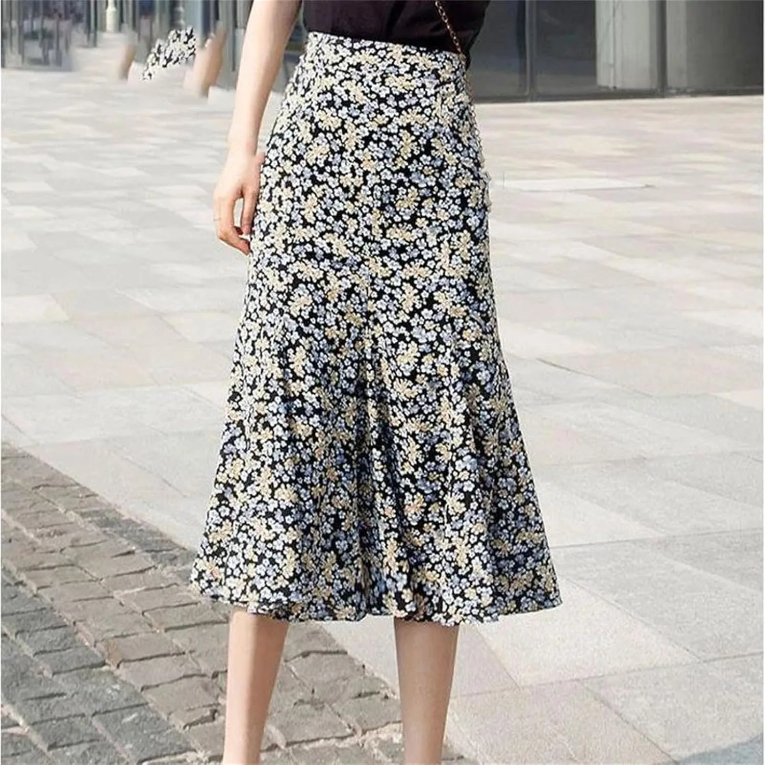 Women's Summer Floral Half-Length Skirt High Waist Slim Versatile A-Line Skirt
