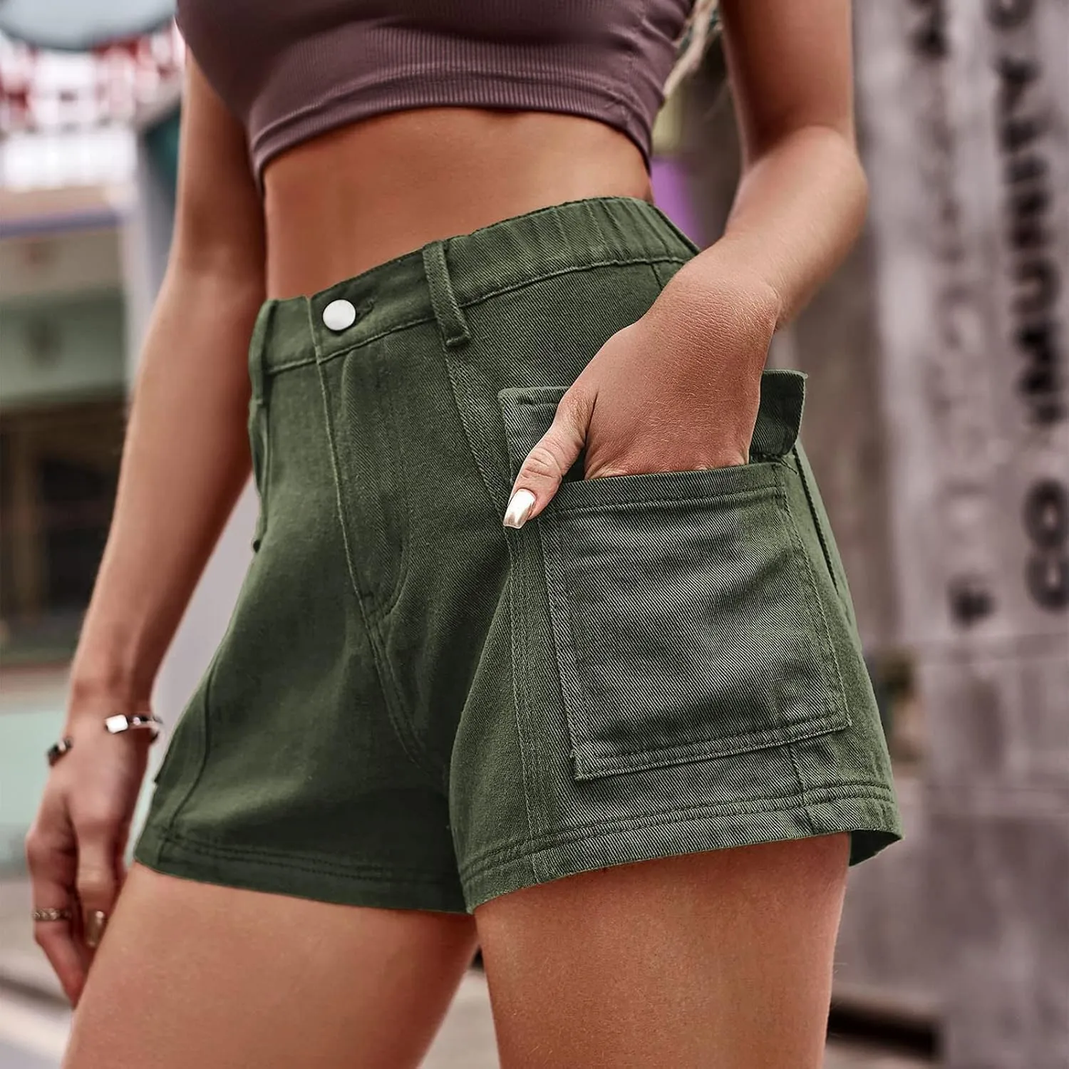 Women's Summer High Waisted Denim Shorts Folded Hem Casual Short Jeans with Pockets