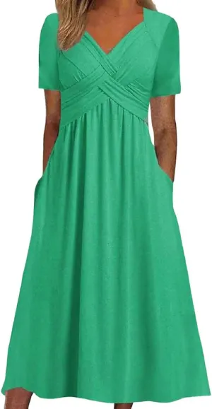Women's Summer Maxi Dress 2025 Casual Short Sleeve Wrap V Neck Flowy Swing Plated Long Beach Dresses with Pockets
