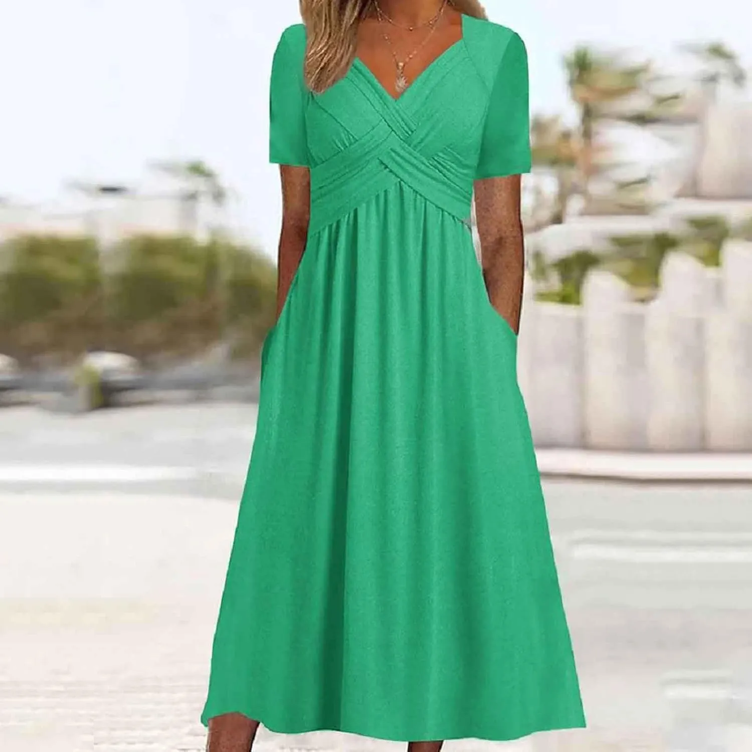 Women's Summer Maxi Dress 2025 Casual Short Sleeve Wrap V Neck Flowy Swing Plated Long Beach Dresses with Pockets