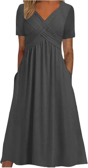 Women's Summer Maxi Dress 2025 Casual Short Sleeve Wrap V Neck Flowy Swing Plated Long Beach Dresses with Pockets