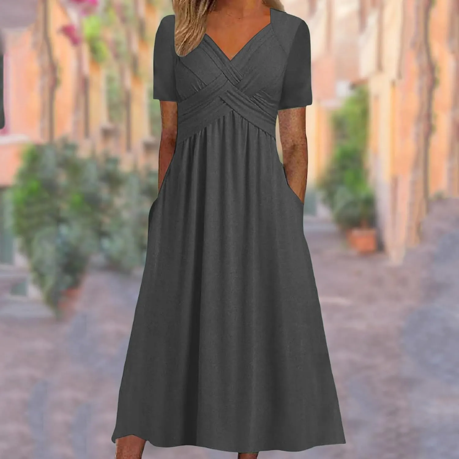 Women's Summer Maxi Dress 2025 Casual Short Sleeve Wrap V Neck Flowy Swing Plated Long Beach Dresses with Pockets