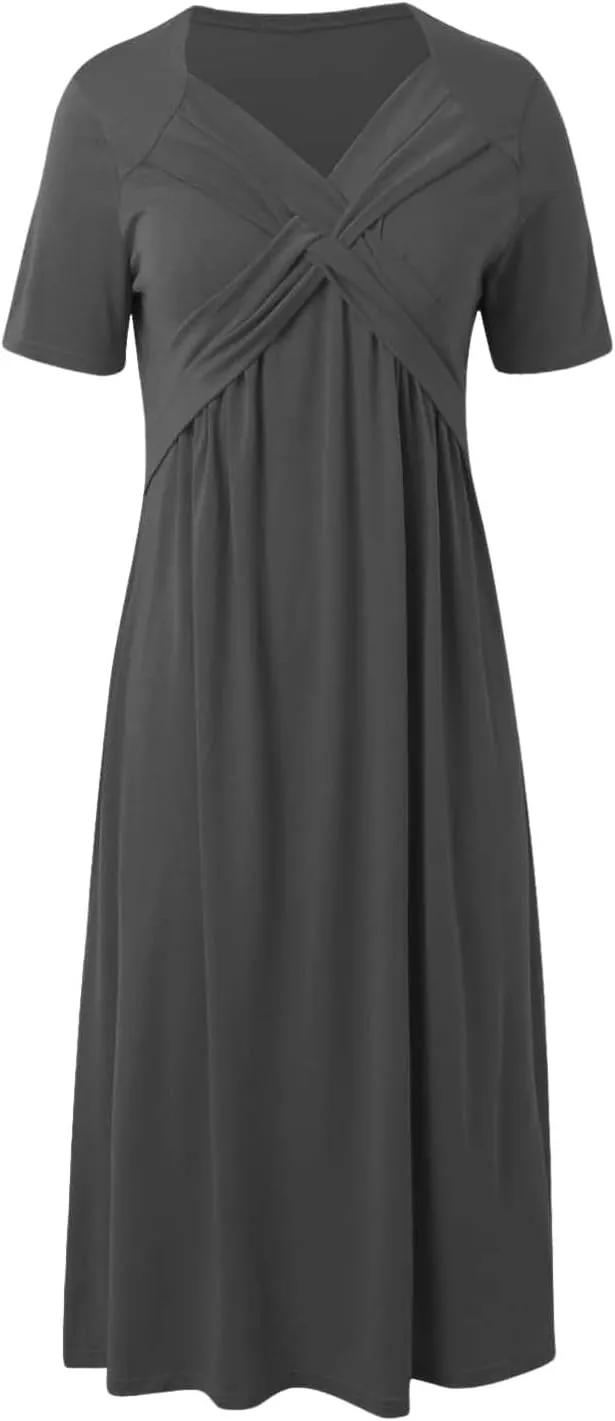 Women's Summer Maxi Dress 2025 Casual Short Sleeve Wrap V Neck Flowy Swing Plated Long Beach Dresses with Pockets