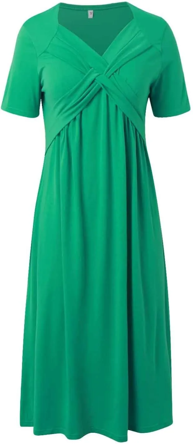 Women's Summer Maxi Dress 2025 Casual Short Sleeve Wrap V Neck Flowy Swing Plated Long Beach Dresses with Pockets