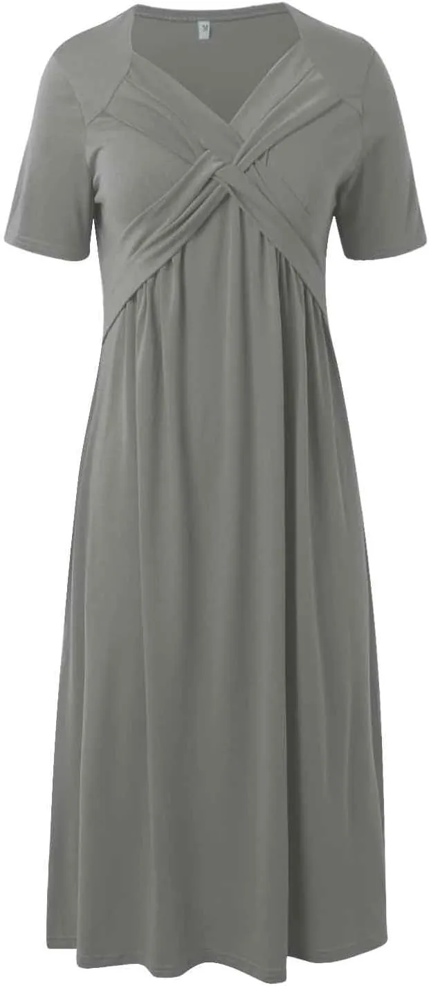 Womens Summer Midi Dress Casual Short Sleeve A-Line Cotton Linen Dress Flowly Beach Tunic Sundresses with Pockets 2025