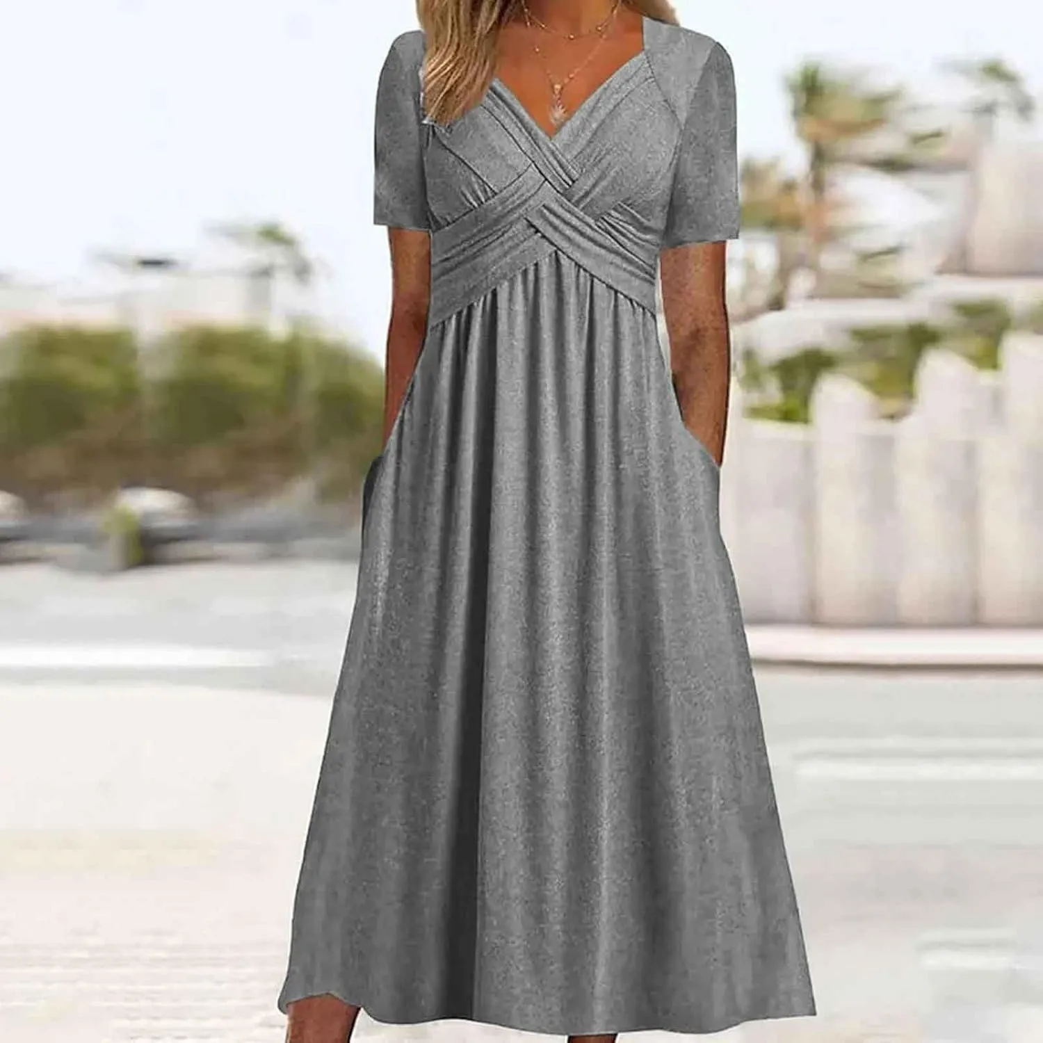 Womens Summer Midi Dress Casual Short Sleeve A-Line Cotton Linen Dress Flowly Beach Tunic Sundresses with Pockets 2025