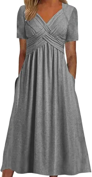 Womens Summer Midi Dress Casual Short Sleeve A-Line Cotton Linen Dress Flowly Beach Tunic Sundresses with Pockets 2025