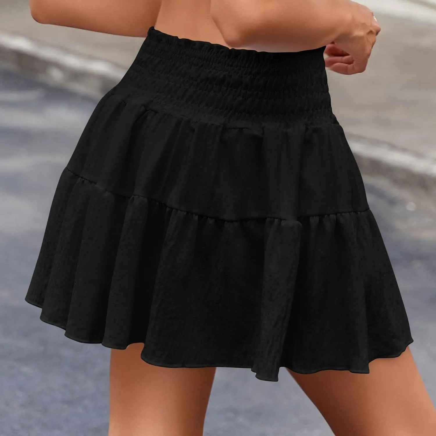 Womens Summer Skirts High Waisted Ruffle Mini Skirt Flowy A Line Skirt Pleated Elastic Waist Skirts Vacation Clothes