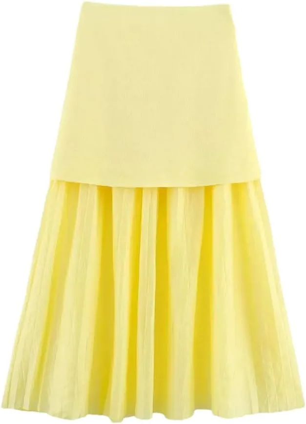 Women's Summer Splicing Pleated Skirt Elegant High Waist A-Line Skirt