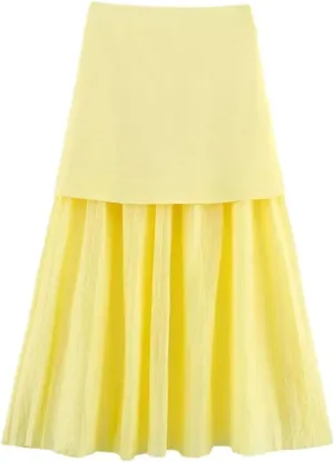 Women's Summer Splicing Pleated Skirt Elegant High Waist A-Line Skirt
