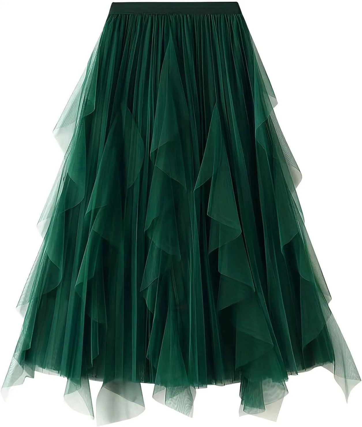 Women's Sweet Elastic Waist Tulle Skirt Asymmetrical Layered Ruffles Mesh Midi Tiered Skirt Prom Party Dance Skirts