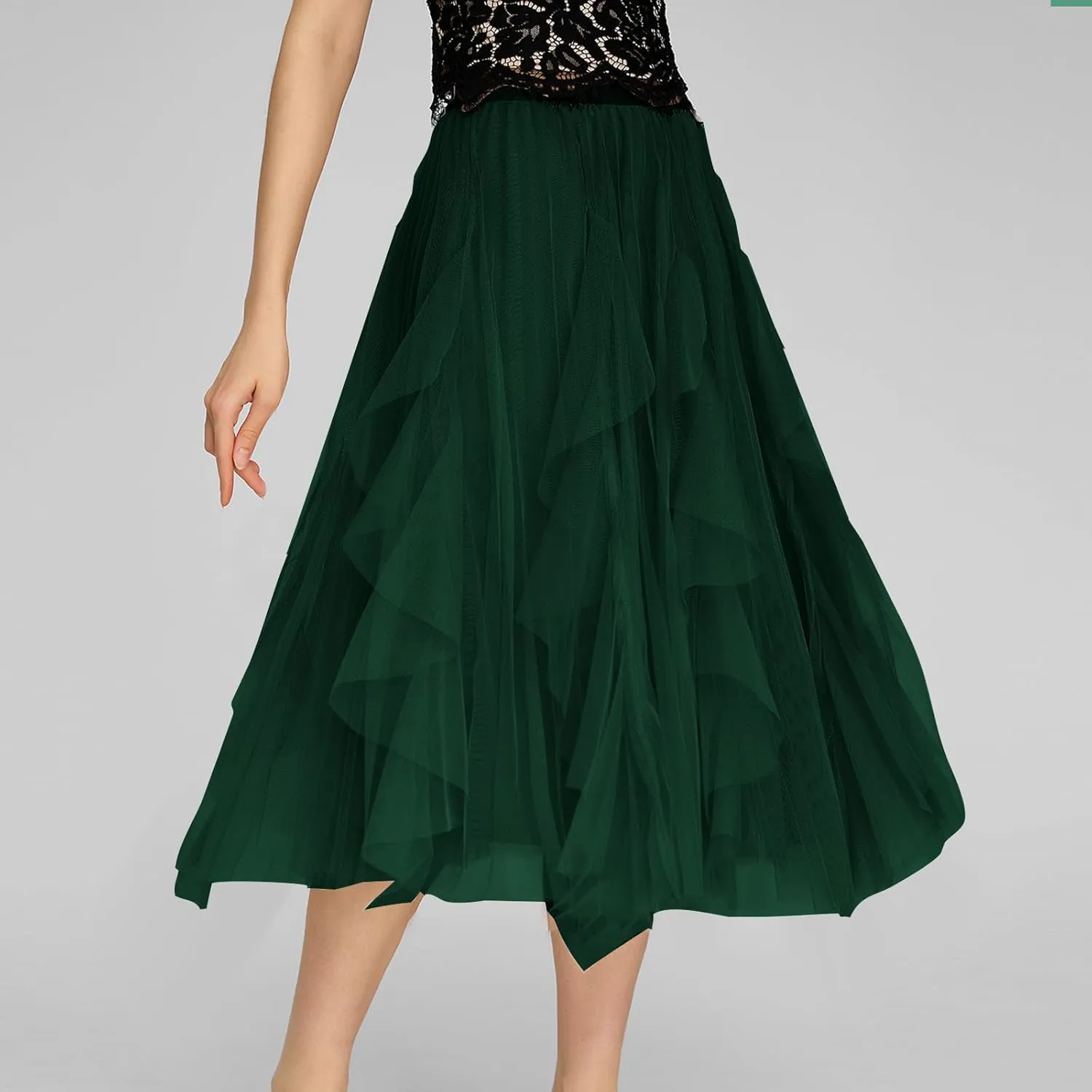 Women's Sweet Elastic Waist Tulle Skirt Asymmetrical Layered Ruffles Mesh Midi Tiered Skirt Prom Party Dance Skirts