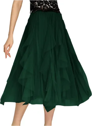 Women's Sweet Elastic Waist Tulle Skirt Asymmetrical Layered Ruffles Mesh Midi Tiered Skirt Prom Party Dance Skirts