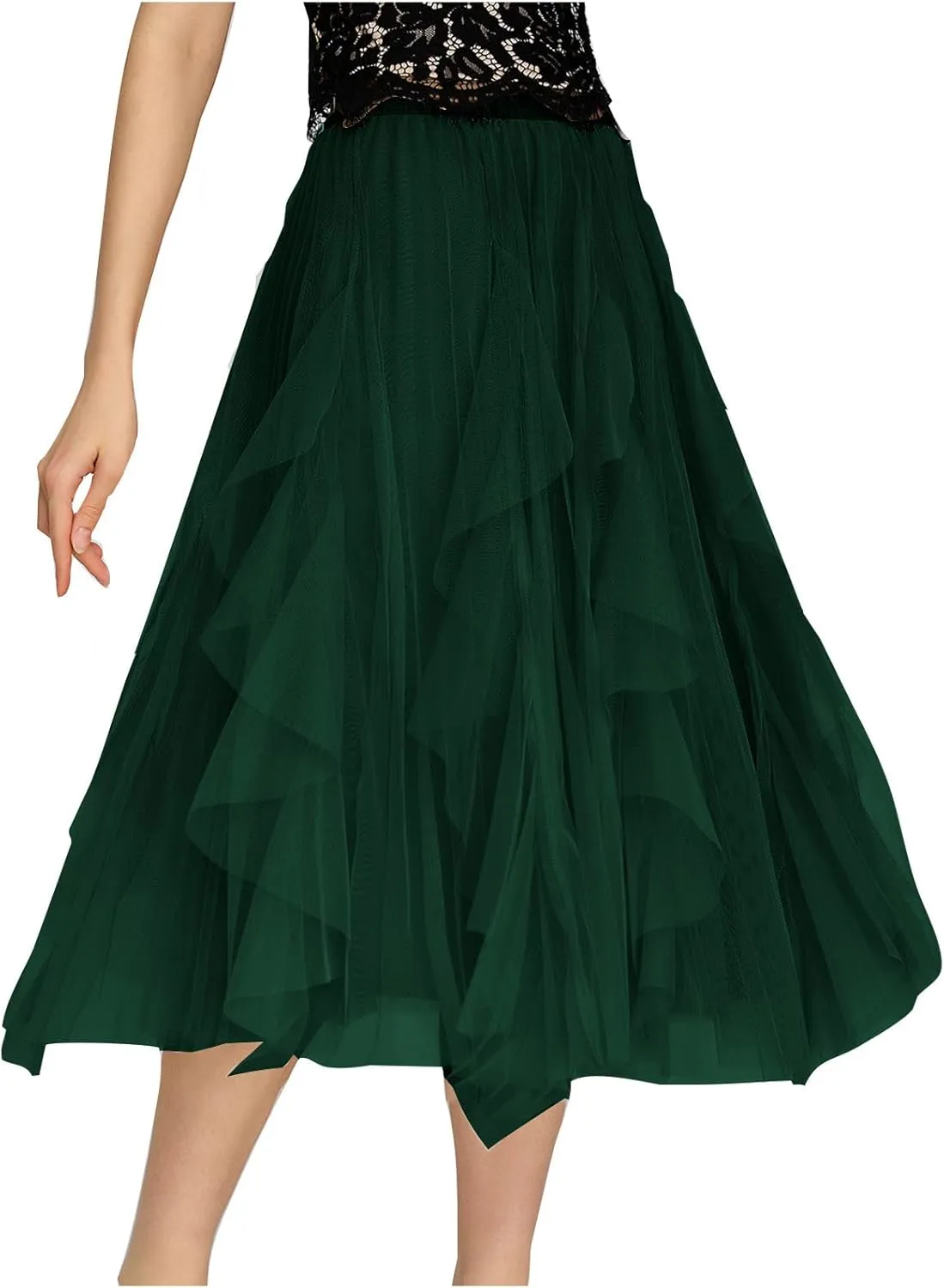 Women's Sweet Elastic Waist Tulle Skirt Asymmetrical Layered Ruffles Mesh Midi Tiered Skirt Prom Party Dance Skirts