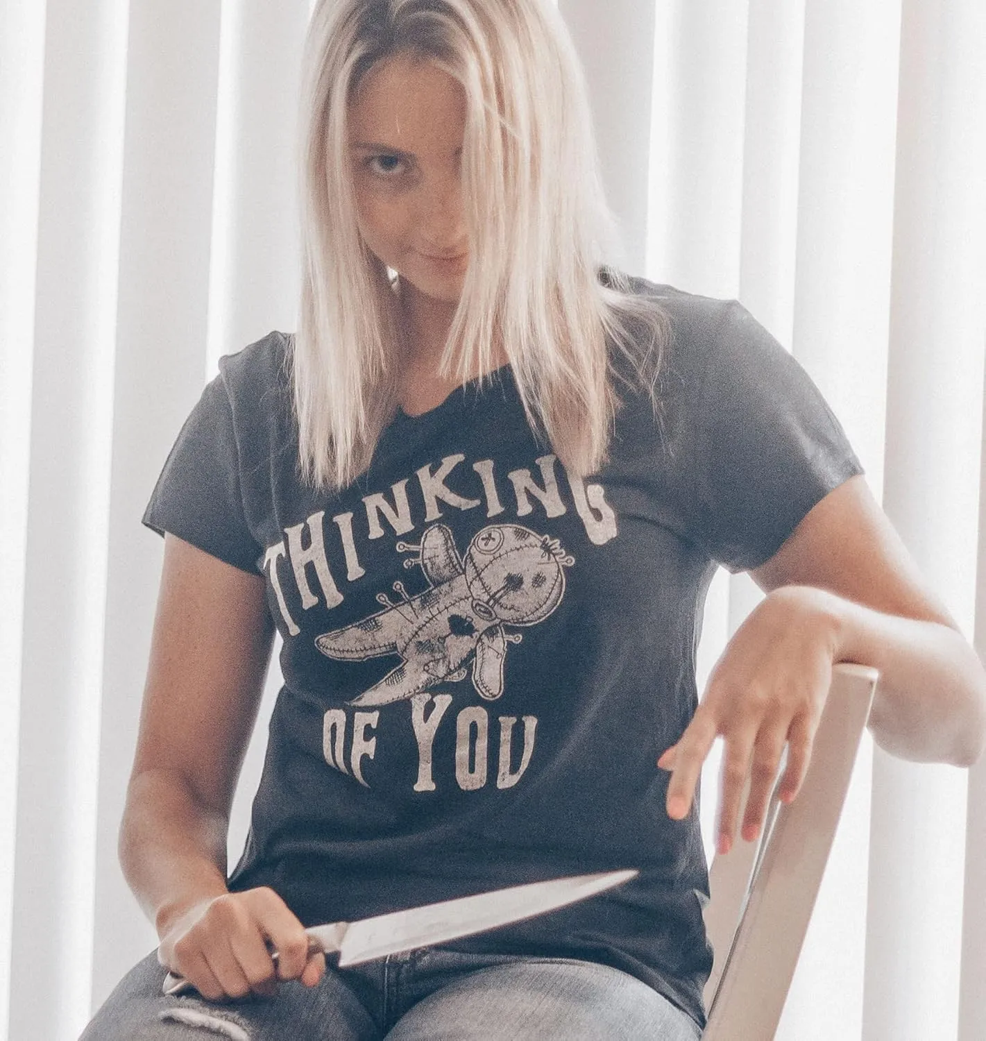Womens Thinking of You T Shirt Funny Voodoo Doll Graphic Novelty Tee