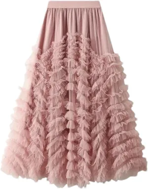 Women's Tiered Tulle Maxi A Line Skirt Summer High Waist Mesh Long Skirt