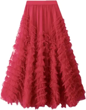 Women's Tiered Tulle Maxi A Line Skirt Summer High Waist Mesh Long Skirt