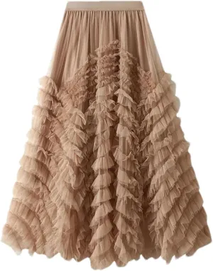 Women's Tiered Tulle Maxi A Line Skirt Summer High Waist Mesh Long Skirt