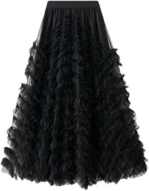 Women's Tiered Tulle Maxi A Line Skirt Summer High Waist Mesh Long Skirt