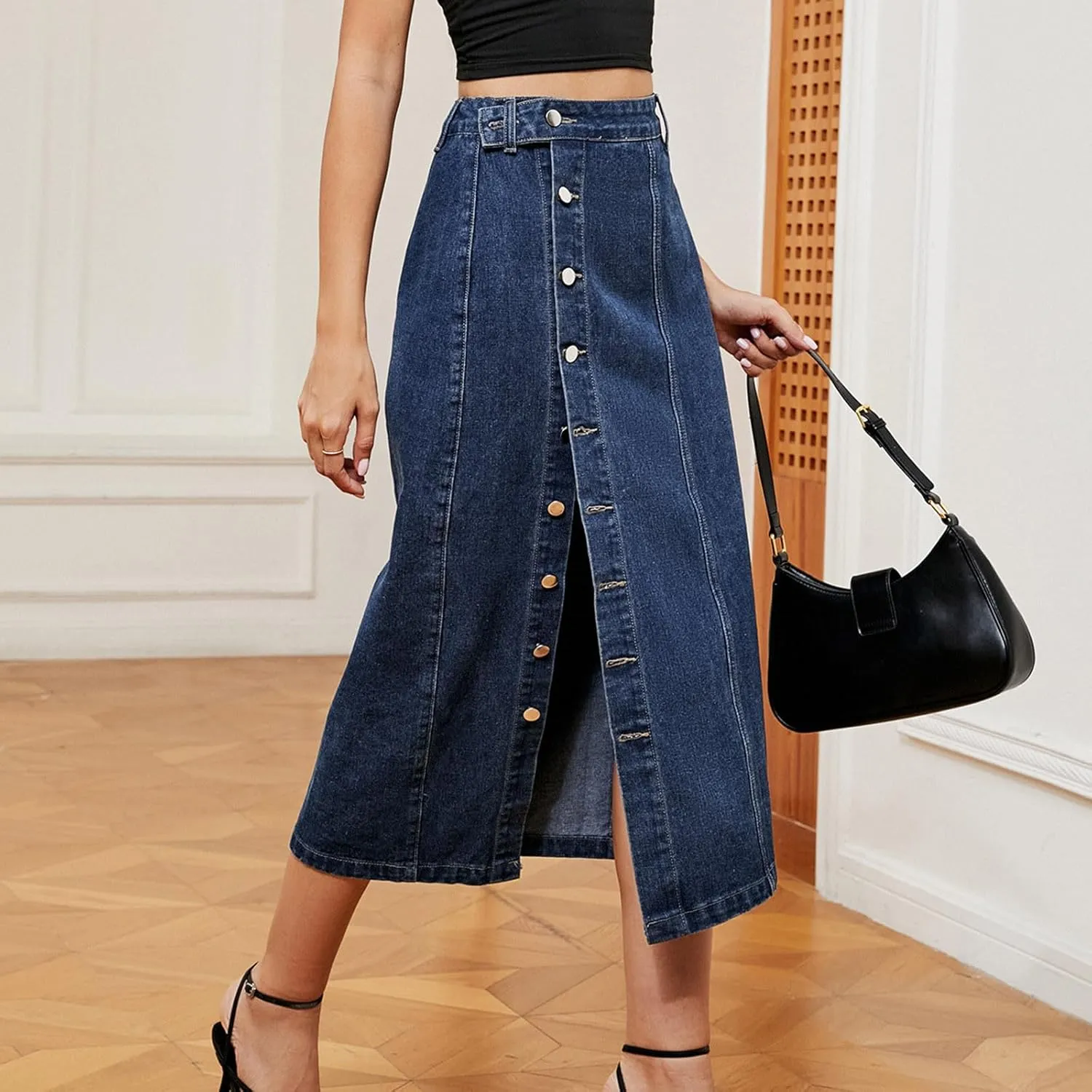 Womens Trendy Jean Skirts Sexy Split Denim Midi Skirt Solid Casual Half Dress Side Button Mid-Calf Length Skirts