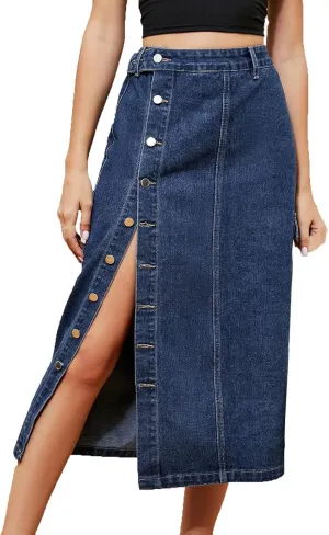 Womens Trendy Jean Skirts Sexy Split Denim Midi Skirt Solid Casual Half Dress Side Button Mid-Calf Length Skirts