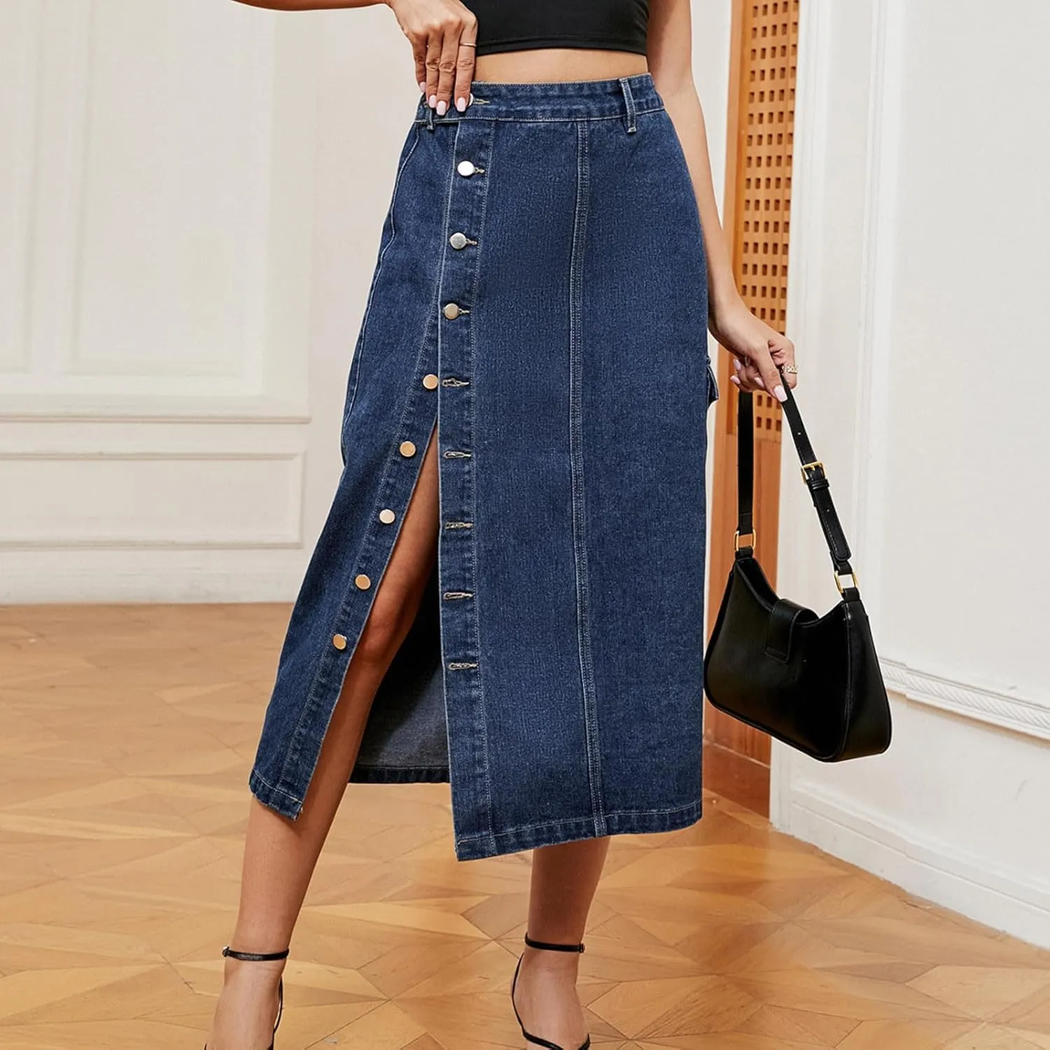 Womens Trendy Jean Skirts Sexy Split Denim Midi Skirt Solid Casual Half Dress Side Button Mid-Calf Length Skirts