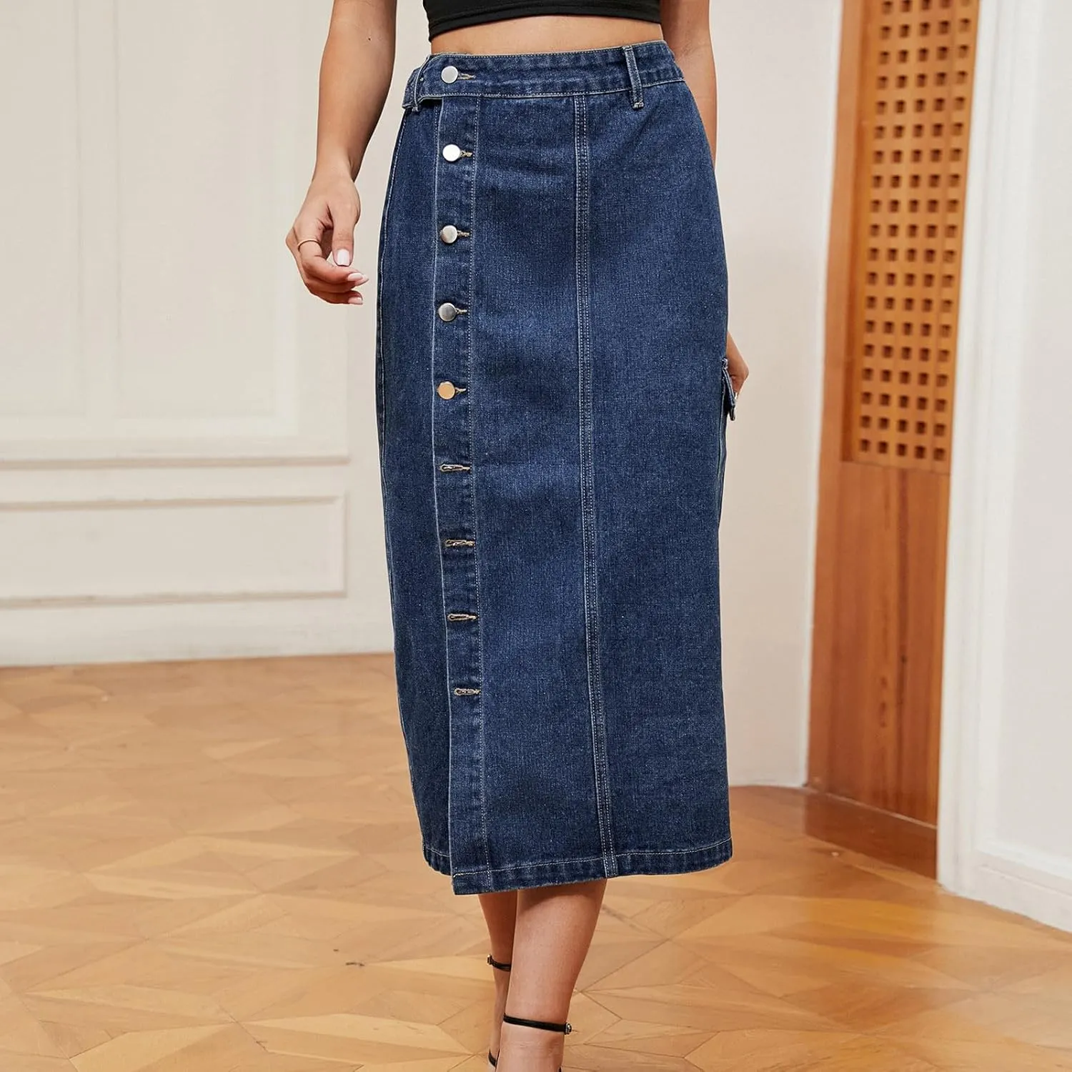 Womens Trendy Jean Skirts Sexy Split Denim Midi Skirt Solid Casual Half Dress Side Button Mid-Calf Length Skirts
