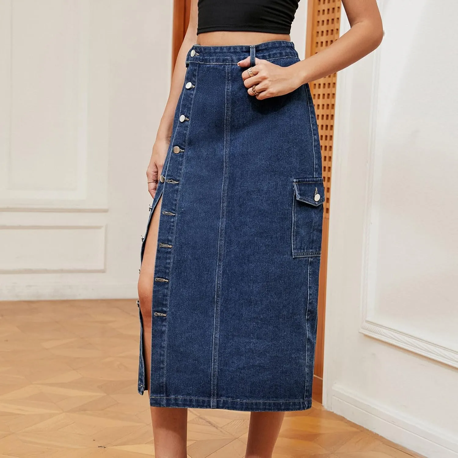 Womens Trendy Jean Skirts Sexy Split Denim Midi Skirt Solid Casual Half Dress Side Button Mid-Calf Length Skirts