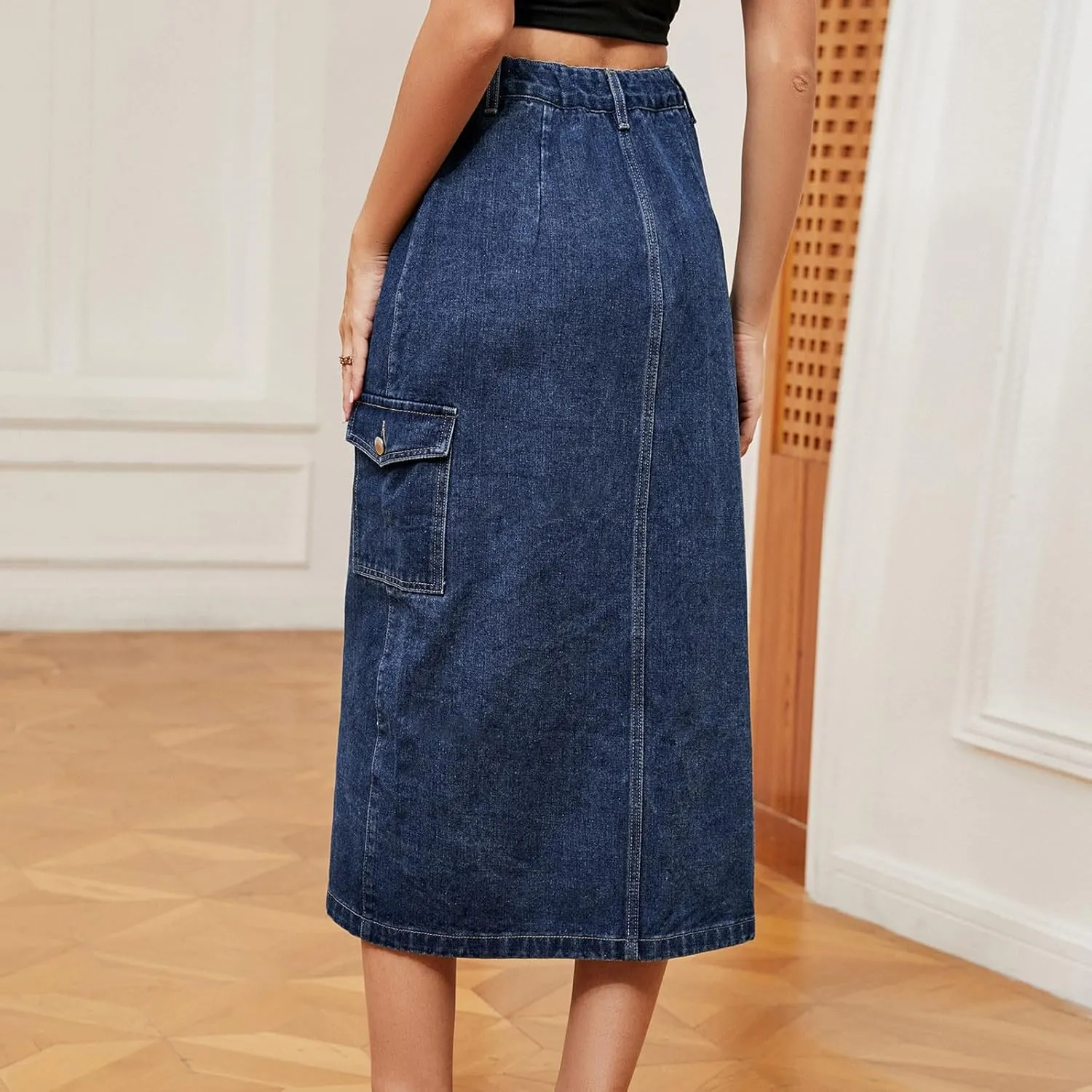 Womens Trendy Jean Skirts Sexy Split Denim Midi Skirt Solid Casual Half Dress Side Button Mid-Calf Length Skirts