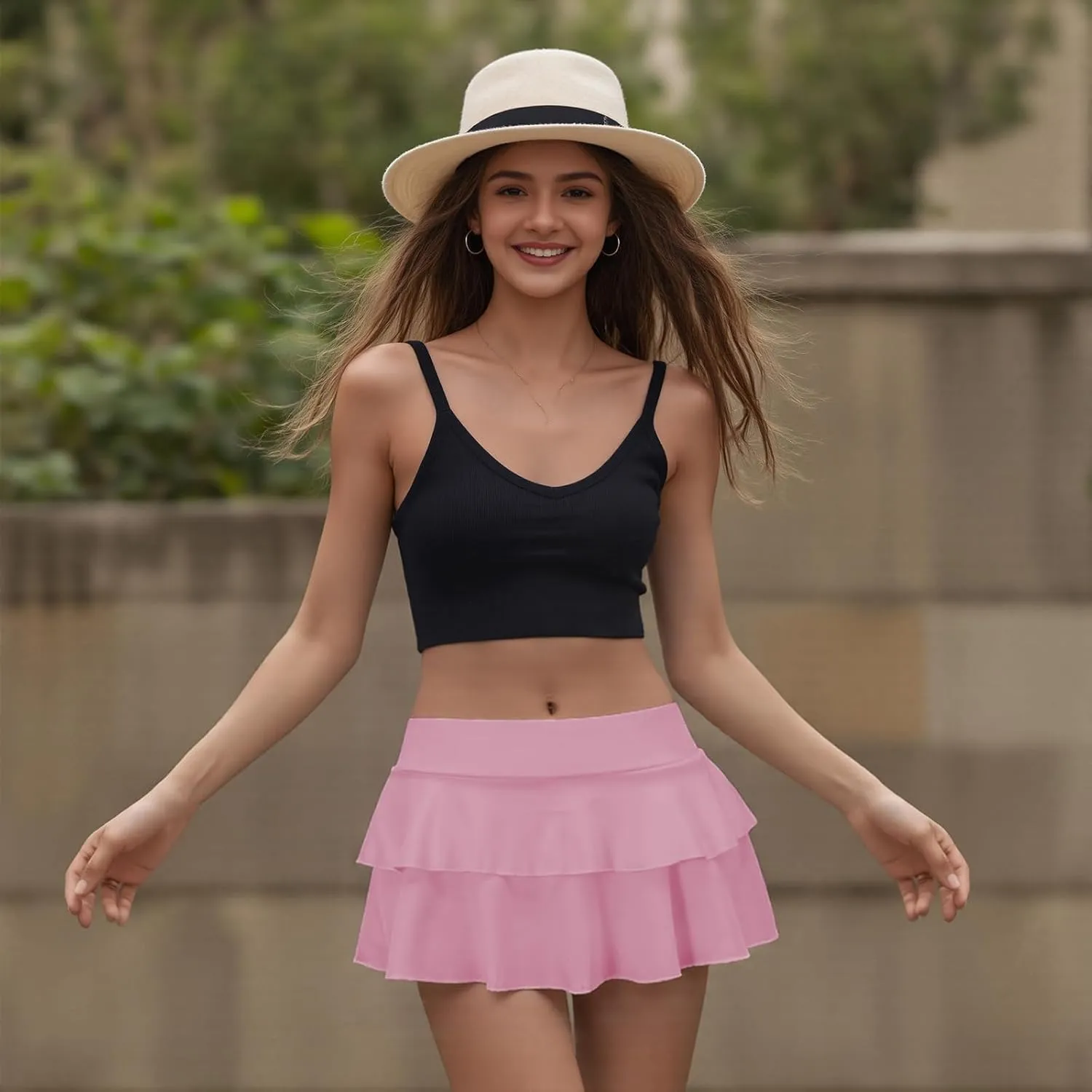 Women's Y2K Pleated Mini Skirt Sexy Double Layered Low Waist Ruffle Hem Flared Flowy Micro Short Skirt