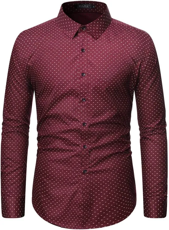 WULFUL Men's Casual Long Sleeve Dress Shirt Print Cotton Business Button Down Shirts Regular Fit