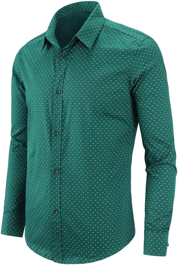 WULFUL Men's Casual Long Sleeve Dress Shirt Print Cotton Business Button Down Shirts Regular Fit