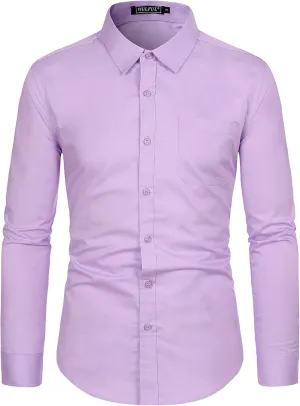 WULFUL Men's Casual Long Sleeve Dress Shirt Print Cotton Business Button Down Shirts Regular Fit