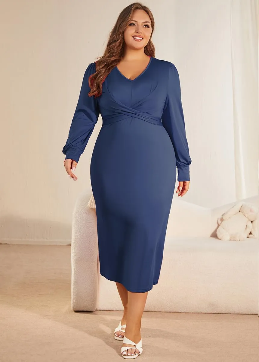 WUSENST Women's Long Sleeve Dress Casual V Neck Dresses Twist Waist Bodycon Cocktail Party Dress