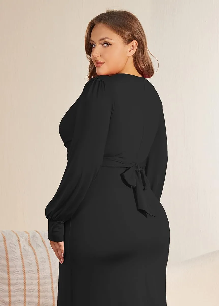 WUSENST Women's Long Sleeve Dress Casual V Neck Dresses Twist Waist Bodycon Cocktail Party Dress