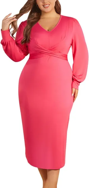 WUSENST Women's Long Sleeve Dress Casual V Neck Dresses Twist Waist Bodycon Cocktail Party Dress