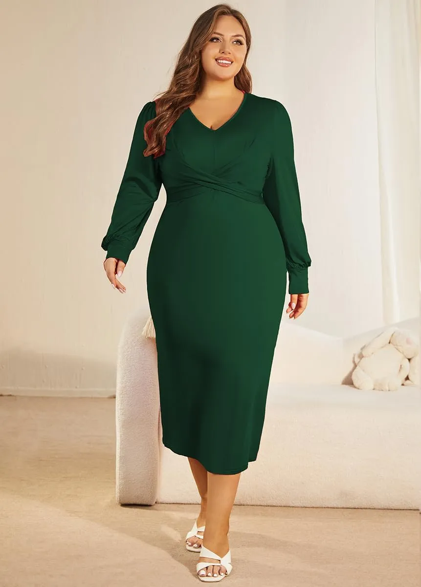WUSENST Women's Long Sleeve Dress Casual V Neck Dresses Twist Waist Bodycon Cocktail Party Dress