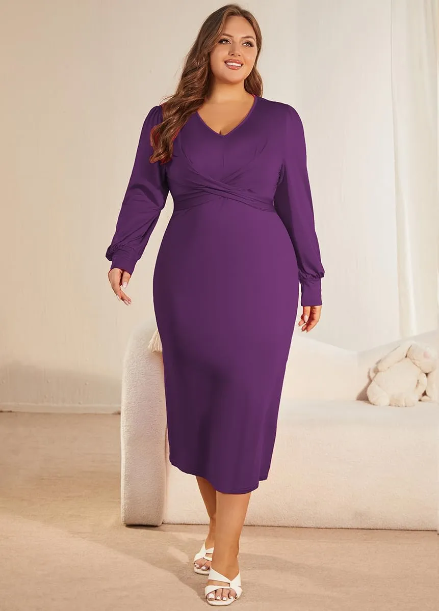 WUSENST Women's Long Sleeve Dress Casual V Neck Dresses Twist Waist Bodycon Cocktail Party Dress