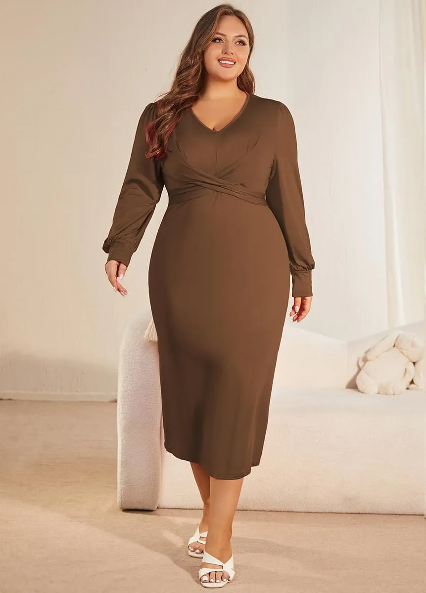 WUSENST Women's Long Sleeve Dress Casual V Neck Dresses Twist Waist Bodycon Cocktail Party Dress