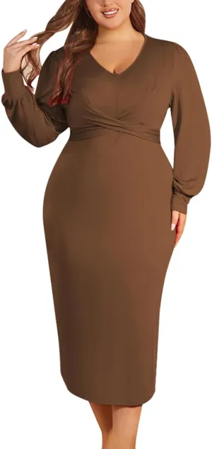 WUSENST Women's Long Sleeve Dress Casual V Neck Dresses Twist Waist Bodycon Cocktail Party Dress