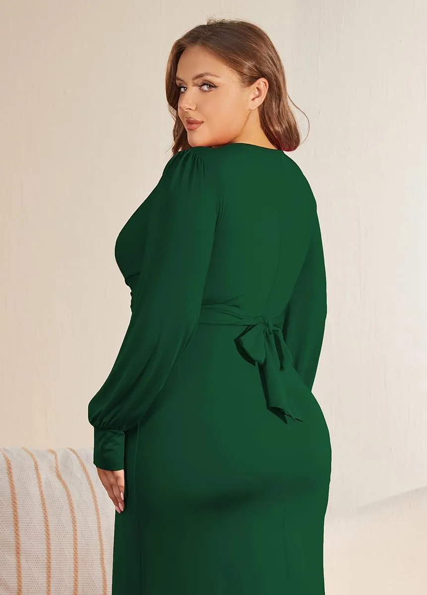WUSENST Women's Long Sleeve Dress Casual V Neck Dresses Twist Waist Bodycon Cocktail Party Dress