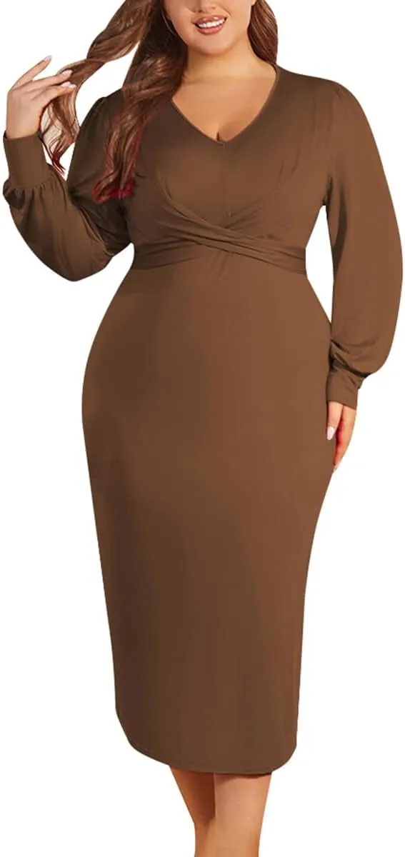 WUSENST Women's Long Sleeve Dress Casual V Neck Dresses Twist Waist Bodycon Cocktail Party Dress