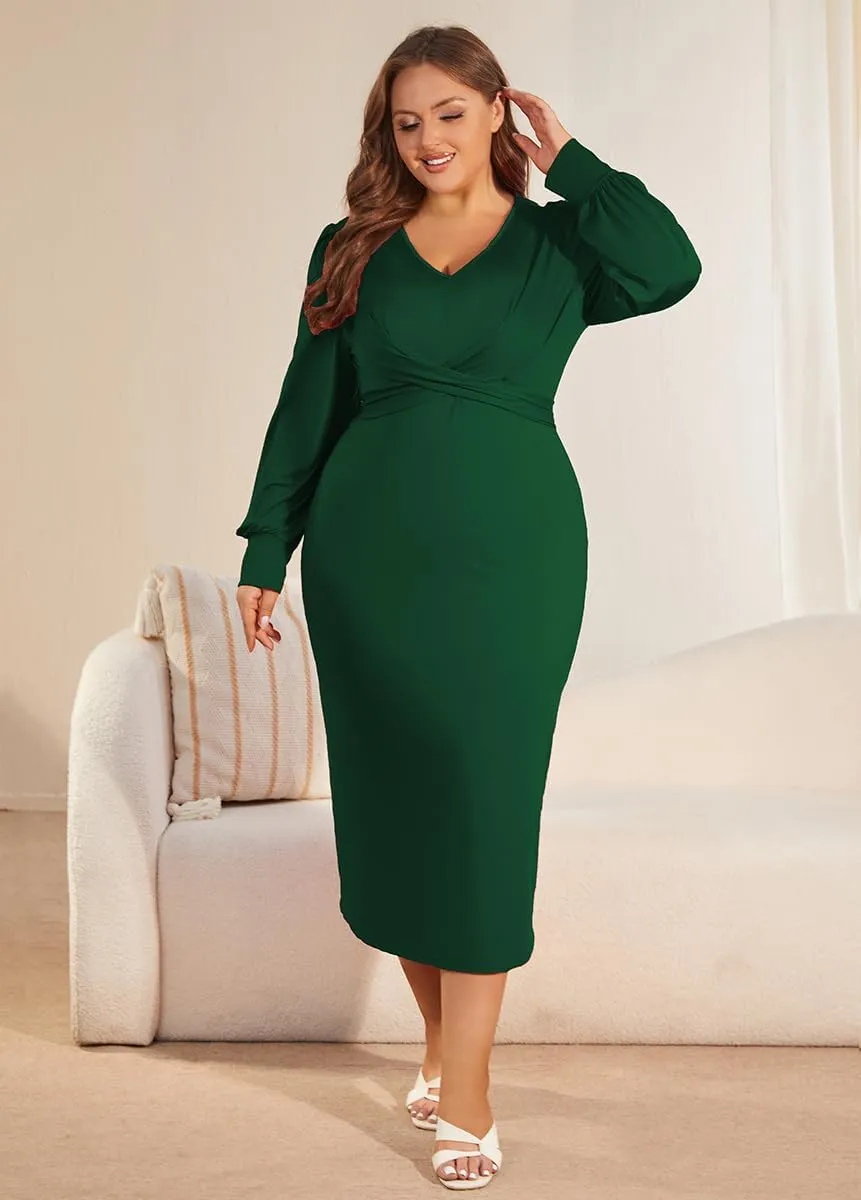 WUSENST Women's Long Sleeve Dress Casual V Neck Dresses Twist Waist Bodycon Cocktail Party Dress