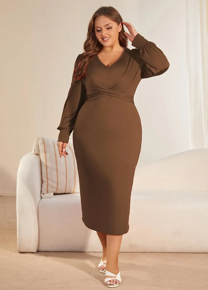 WUSENST Women's Long Sleeve Dress Casual V Neck Dresses Twist Waist Bodycon Cocktail Party Dress