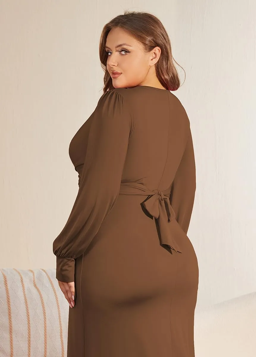 WUSENST Women's Long Sleeve Dress Casual V Neck Dresses Twist Waist Bodycon Cocktail Party Dress