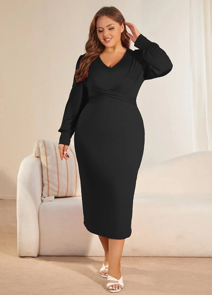 WUSENST Women's Long Sleeve Dress Casual V Neck Dresses Twist Waist Bodycon Cocktail Party Dress