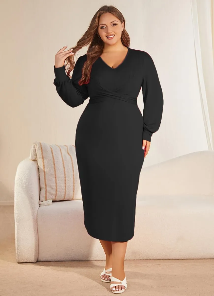 WUSENST Women's Long Sleeve Dress Casual V Neck Dresses Twist Waist Bodycon Cocktail Party Dress