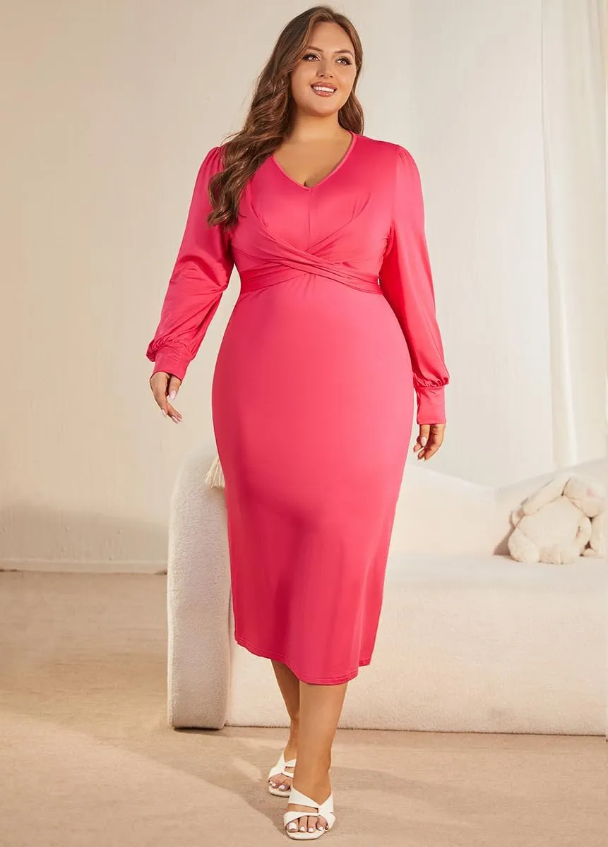 WUSENST Women's Long Sleeve Dress Casual V Neck Dresses Twist Waist Bodycon Cocktail Party Dress